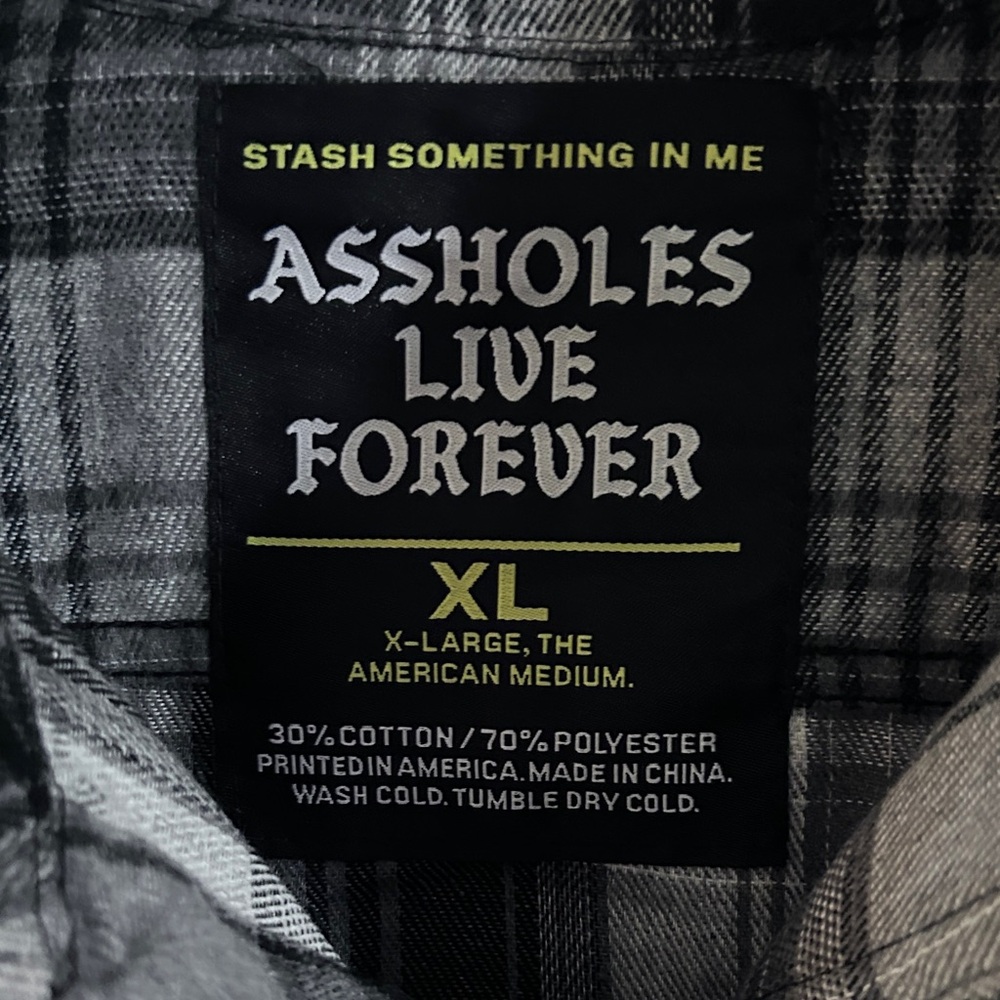 Flannel NEW Black and Gray Plaid  Shirt “ASSHOLES LIVE FOREVER” - Picture 7 of 11
